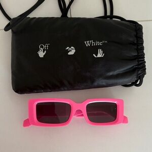 Off-White Pink Rectangular Sunglasses with Black Logo Drawstring Pouch crossbody